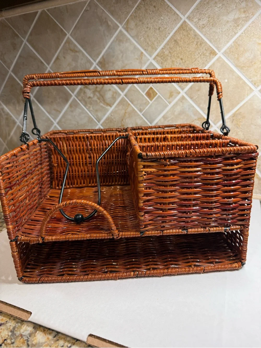 Wicker Basket Caddy / Organizer for Picnic or Tabletop with 7 Compartments